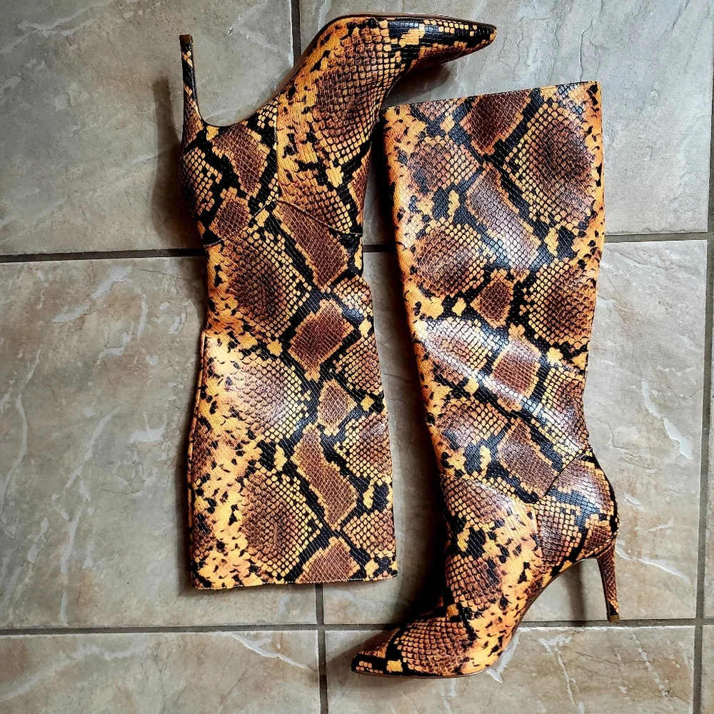 Steve Madden Yellow Snake-Print Knee Boots - Picture 2 of 8